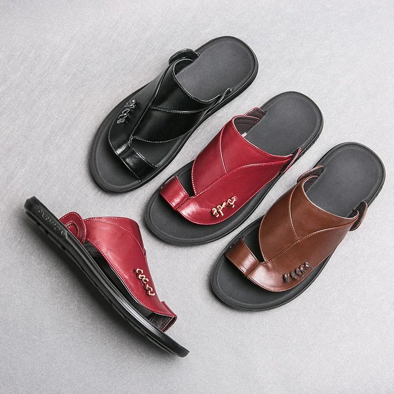 New Black Sandals Slippers for Men Brown Red Casual Sandals for Men Handmade Pu Leather Size 38-45