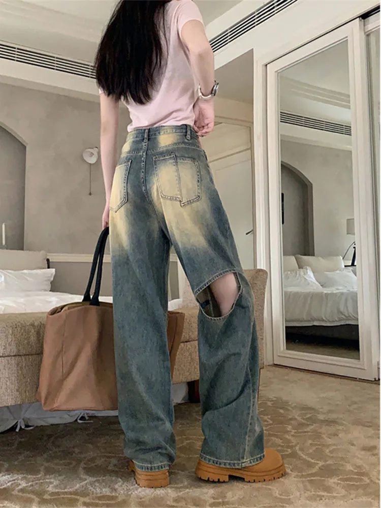 

Women Retro Blue Pants Baggy Vintage Y2k Harajuku 90s Aesthetic Pants Hollow Out High Waist Wide Leg Trouser 2000s Clothes