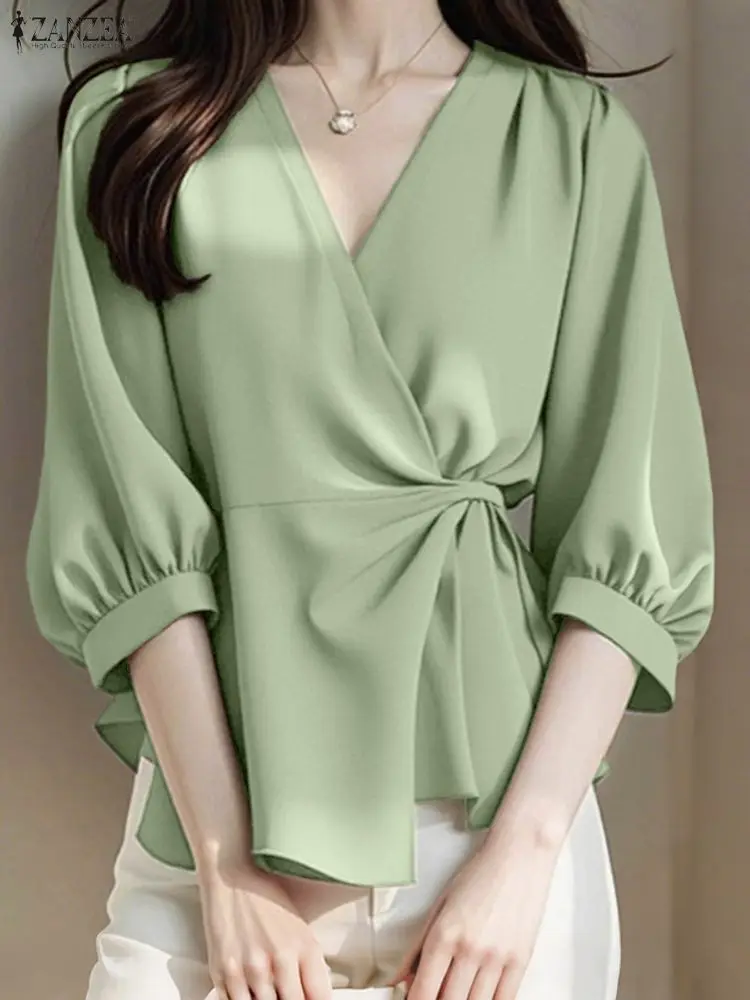 ZANZEA Women Lace-Up Cardigan Autumn V Neck Tops 2025 Fashion Office Work Shirts Elegant 3/4 Sleeve Tunic Casual Loose Pullovers