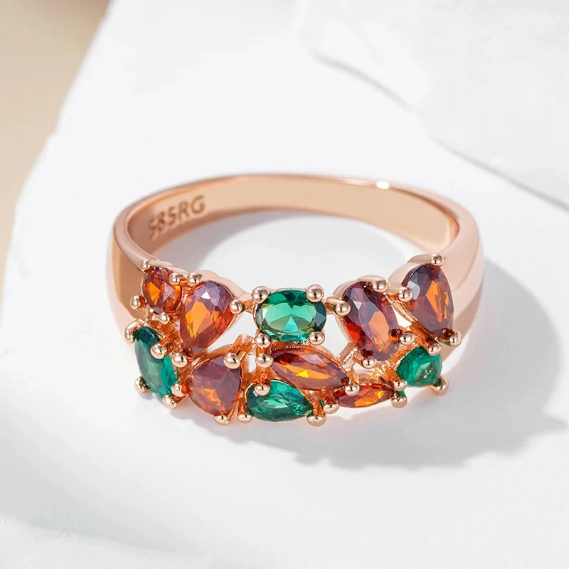 

Элегантные женские кольца с цветочным кластером 585, золотые полые инкрустации, красный, зеленый циркон, винтажные модные повседневные вечерние одинаковые ювелирные изделия