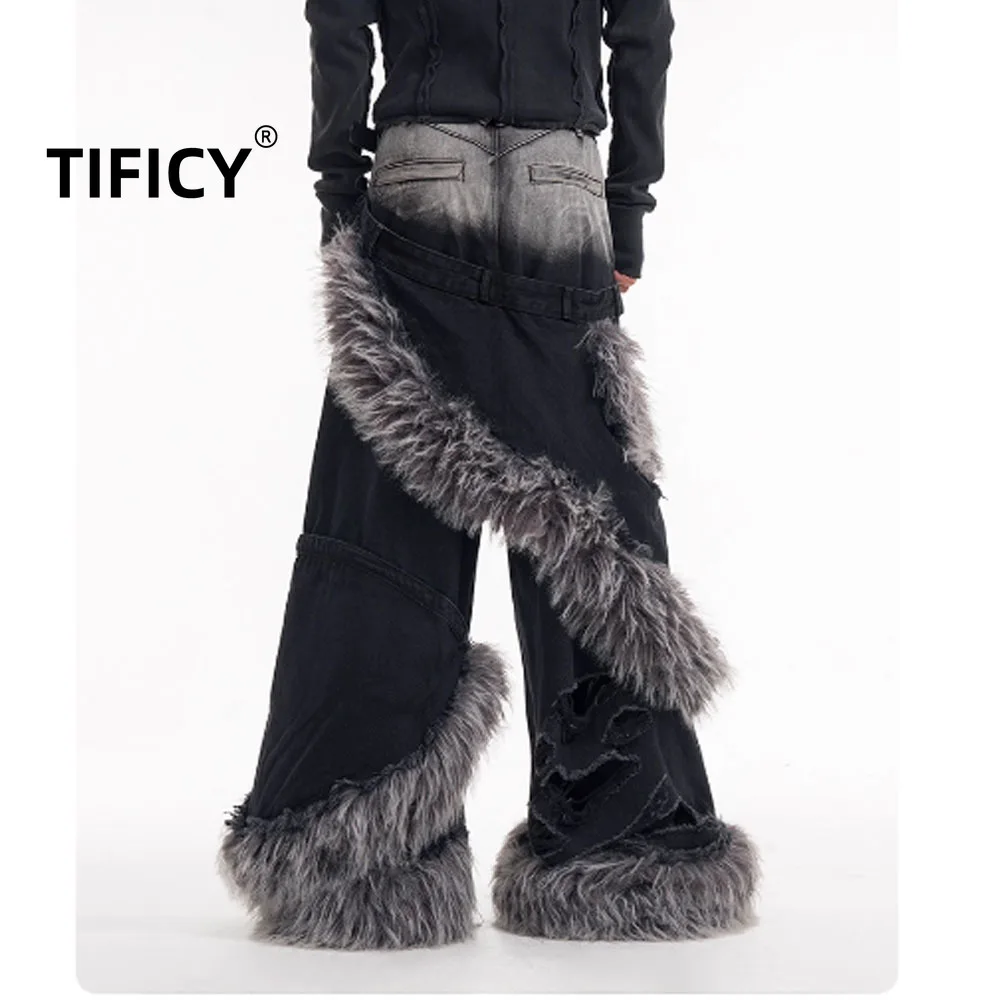 

High End Denim Jeans Men in Winter Fake Two Piece Double Waisted Fur Patchwork Ripped Floor Denim Streetwear Pants