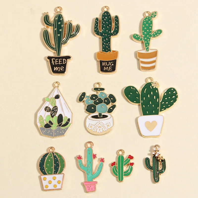 5pcs Gold Color Mix Lovely Enamel Cactus Charms Crazy Plant Lady Pendant Fit DIY Jewelry Making Handcrafted Accessories