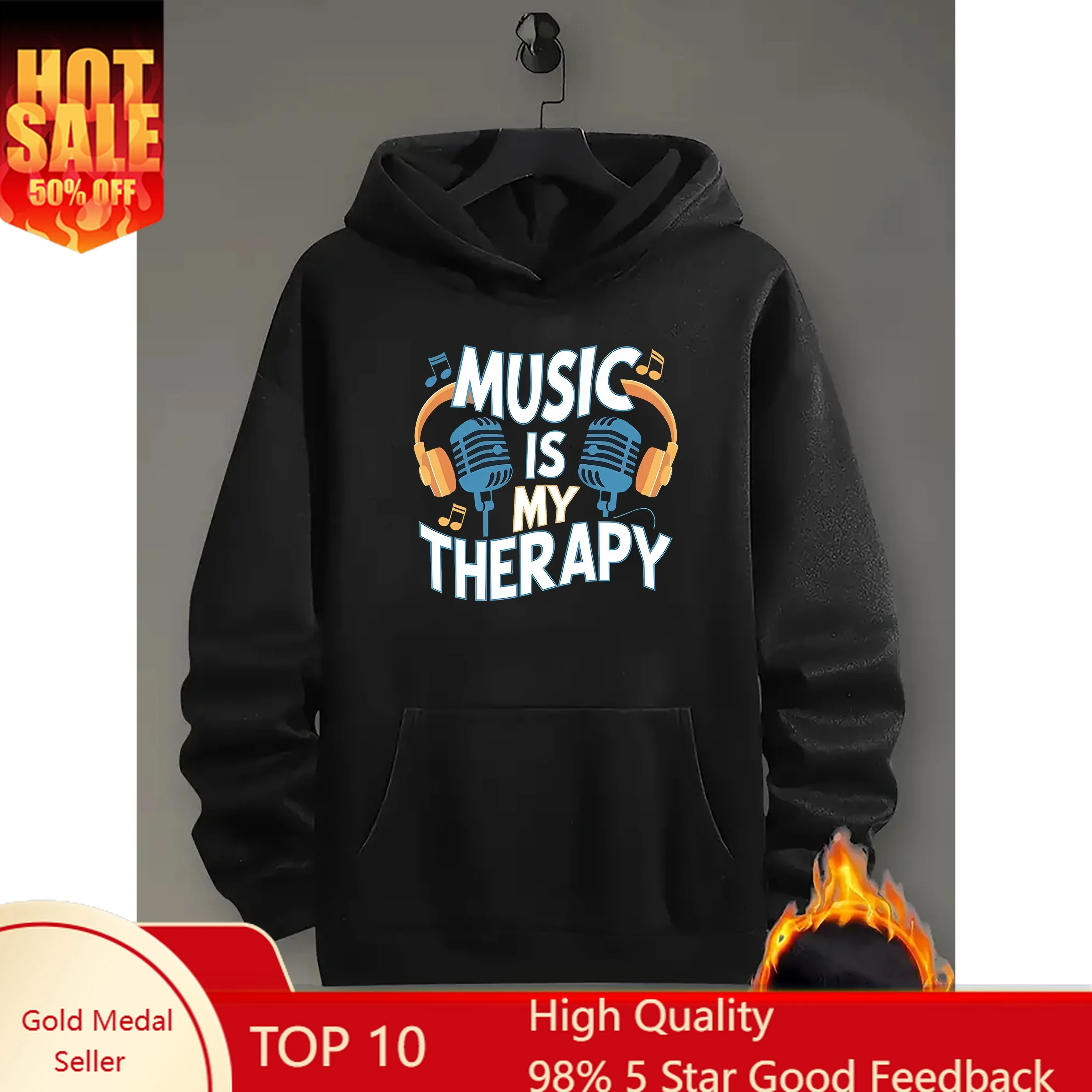 Polyester casual losse pasvorm muziek is mijn therapie hoodie voor heren met kangoeroezak, alfabetprintontwerp, gebreide stof voor het hele seizoen