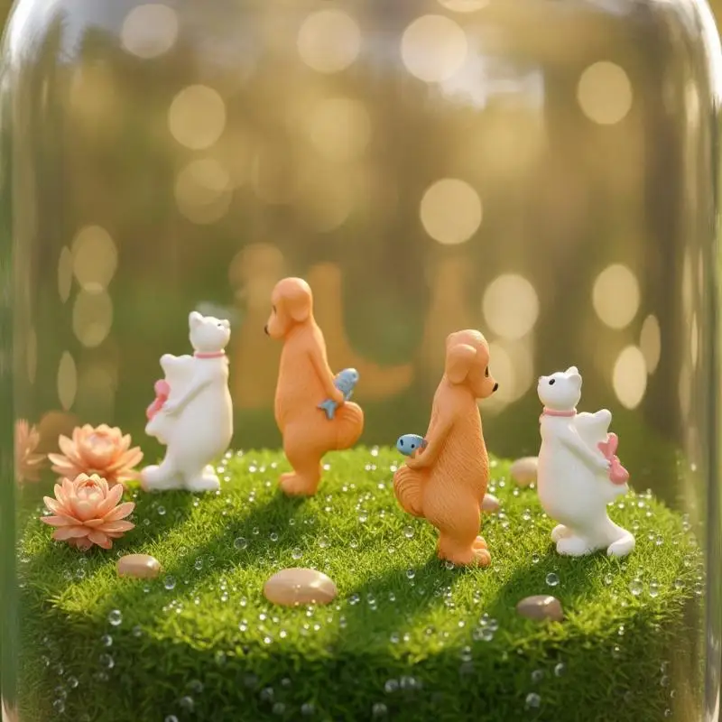 Cute Cartoon Dog Cat Resin Figurine Set Couple Animal Micro Landscape Ornament For Garden Terrarium Desktop Decor Accessories