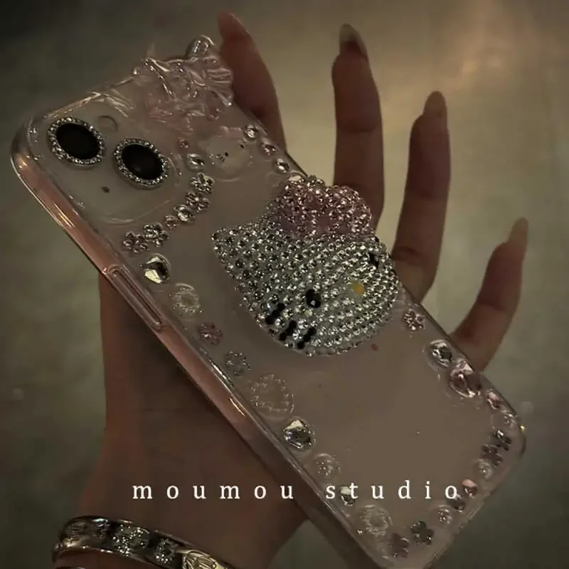 Cute Hello Kittys Diamond Apple Phone Case con supporto trasparente My Melody Girl Case per Iphone15 14 13 12 Pro Promax Case Gift