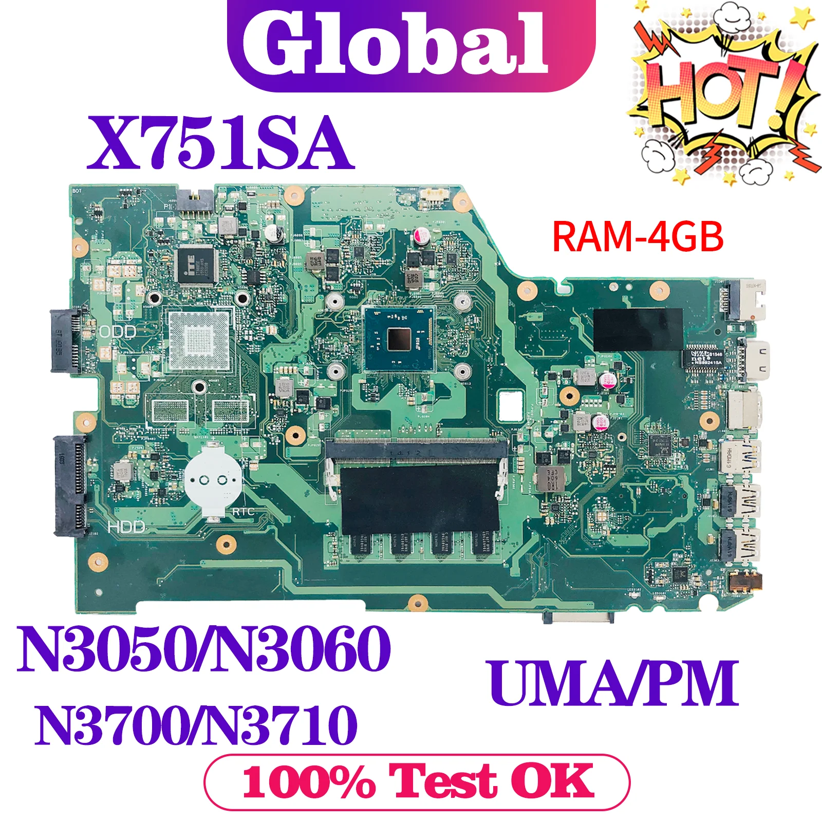 

KEFU X751S Mainboard For ASUS F751SA A751SA X751SA X751SJ F751SJ K751SV F751SV X751SV A751SV Laptop Motherboard N3050 N3700 4GB