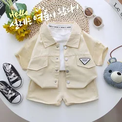 New Fashion Korean Solid Short Sleeve Hidden Buckle Shirts Shorts 2PCS Set Boys Summer Clothing Kids Boutique Casual Outfits