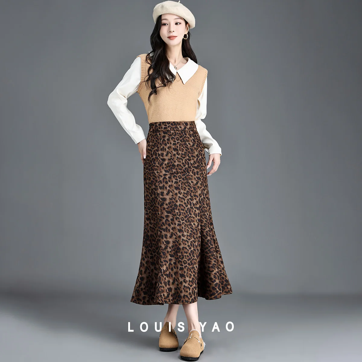 

LOUIS YAO Women's Leopard Print Skirt 2025 Autumn/Winter High-Waist Long Midi Skirt Mermaid Hem Women's A-line Half Skirt
