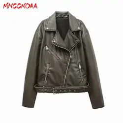 MNCCMOAA 2023 Alta Qualidade Mulher Moda Vintage Solto Falso Couro Jaqueta Casacos Feminino Casual Zipper Biker Outerwear Tops