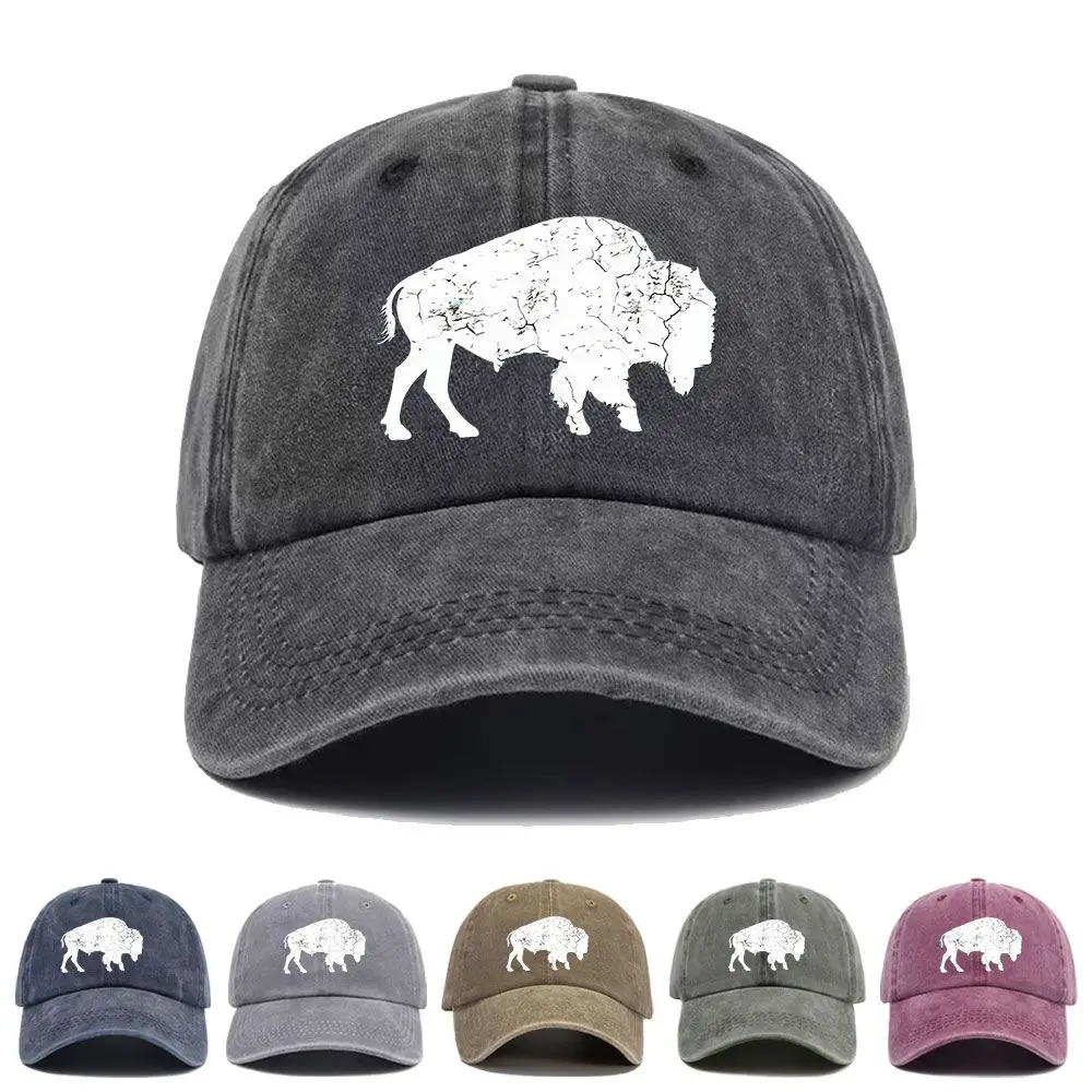 Vintage Washed Baseball Cap Bison Animal Print Graphic Unisex Streetwear Casual Trucker Style Summer Cotton Sun Hat