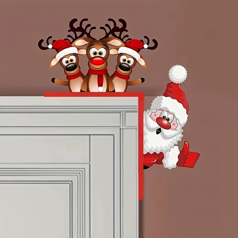 1PC Santa Reindeer Christmas Door Corner Sign, Handmade Wood Carved Holiday Decor, Indoor Outdoor Room Festive Decoration