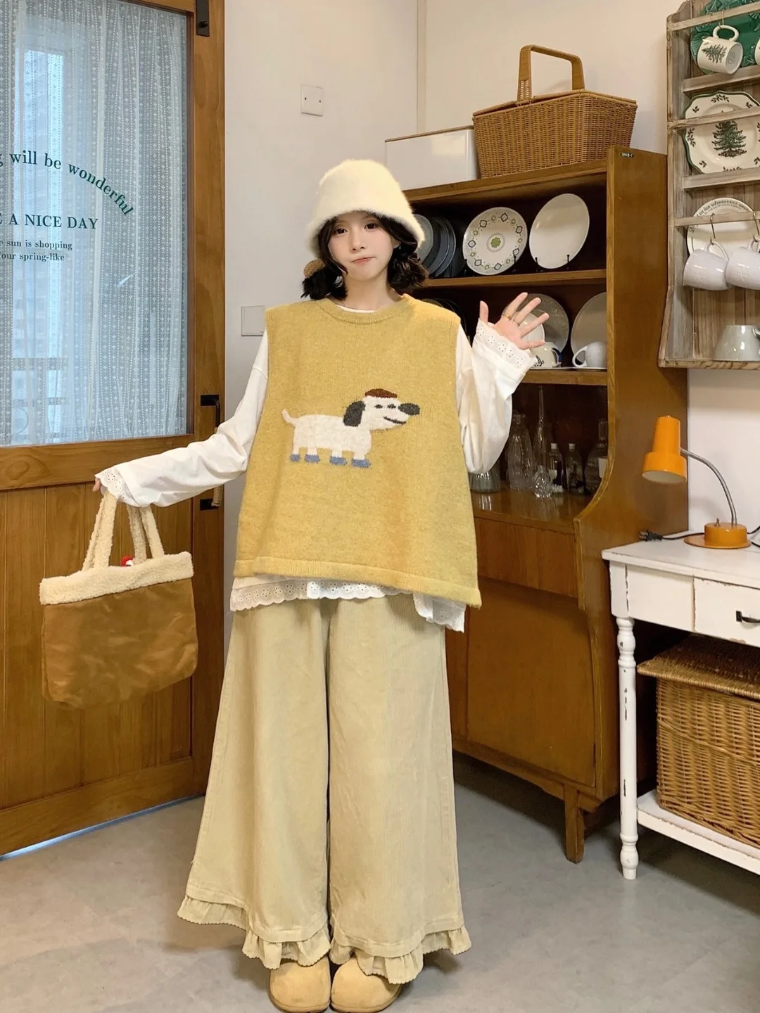 Conjunto de chaleco de punto de talla grande para mujer, top y pantalón de pana de cintura alta y pierna ancha, estilo retro coreano, novedad de otoño, ajuste holgado y a la moda.