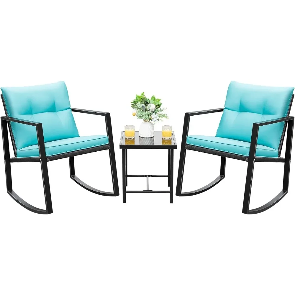 3 Piece Rocking Bistro Set Wicker Patio Outdoor Furniture Porch Chairs Conversation Sets with Glass Coffee Table (Blue)