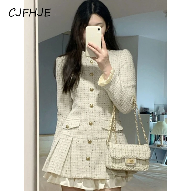 CJFHJE Sweet Tweed Mini Dress Women Elegant Ruffles Pleated A Line Dresses Vintage Korean Party Patchwork Bodycon Vestidos New