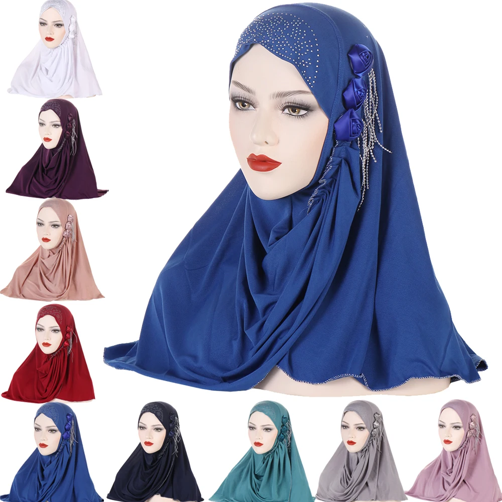 

Tassel Diamonds Flower Instant Scarf Women Muslim Hijab One Piece Amira Islamic Pray Hat Pull On Ready Made To Wear Headwrap Cap