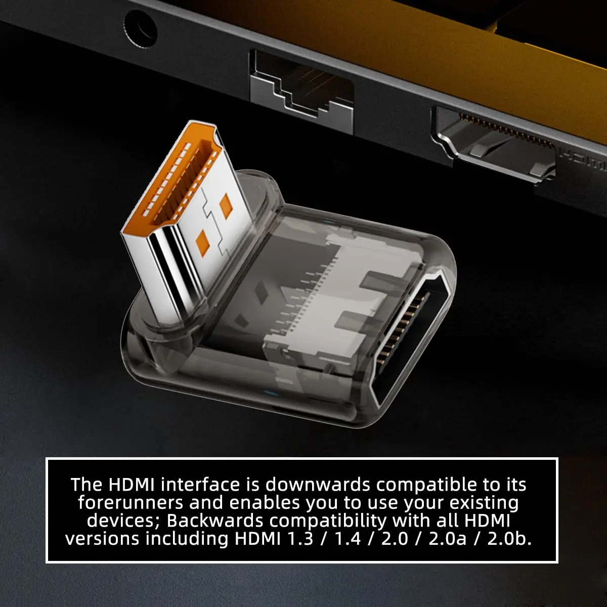 Down Angled 90 Degree Low Profile HDMI Male to HDMI 2.1 Female UHD Extension Adapter Extender with Smart LED 8K 60hz HDTV