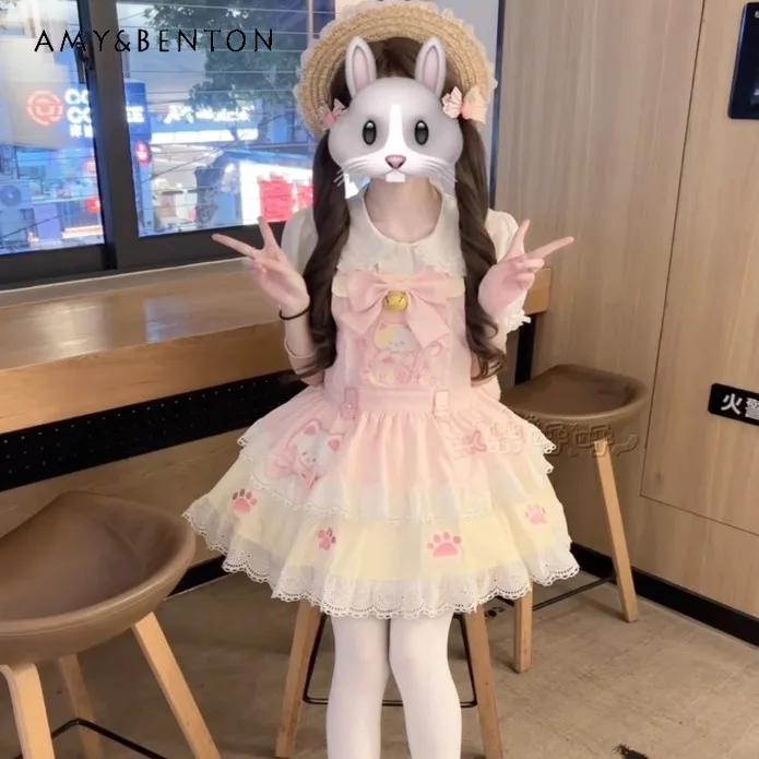 

2025 Summer New Cat Embroidery Sweet Cute Pink Yellow Bow Lace Square Neck Slim High Waist Casual Daily Short Strap Dress