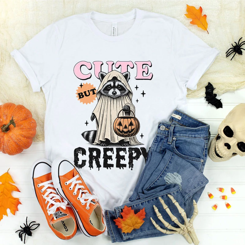 

New Halloween Raccoon Cute But Creepy Print Casual T-Shirt Women T Shirt Summer Casual Short Sleeve Harajuku Tops Unisex Tops