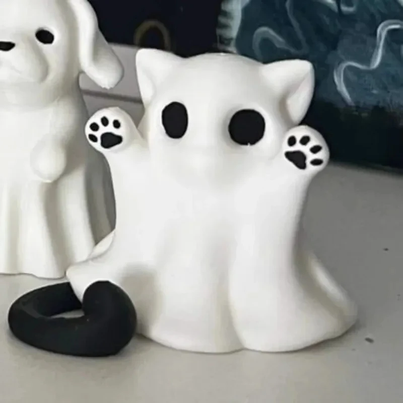 Ghost Cat Figurine Cute Spooky Ghost Kitten Statue Halloween Desktop Ornament for Home Office Tabletop Decor Halloween Gift