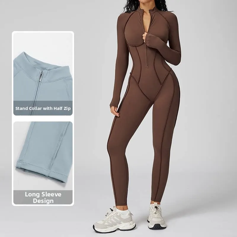 Women Half Zip Stand Collar Vertical Stripe One Piece Bodysuit High Intensity Workout Onesie for Yoga Gym Sports Activewear