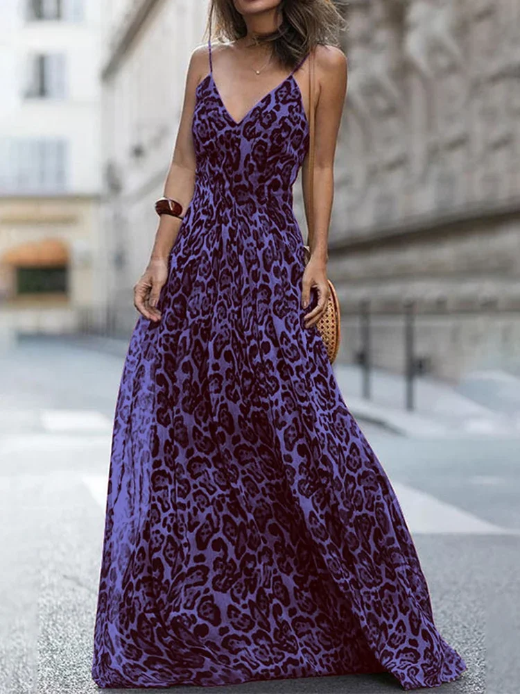 Sexy V Neck Leopard Print Sling Dress Summer Elegant Off Shoulder Long Party Dress Fashion Women Wrap Waist Slim Robe Dress