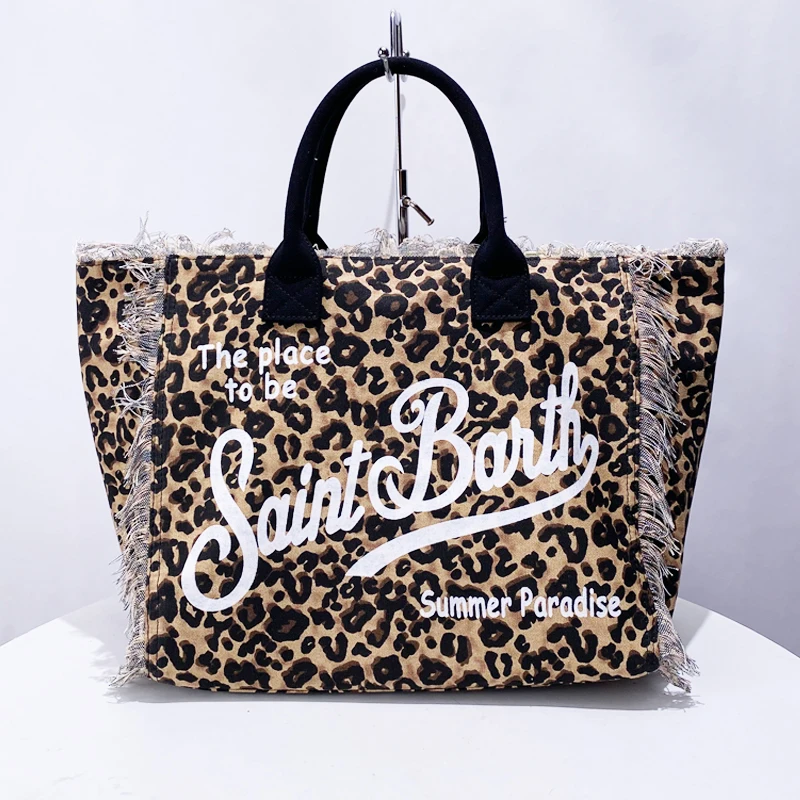 Leopard Print Canvas Bags For Women Luxury Designer Handbag Purse 2024 New In Casual Letter Tassel Large Capacity Tote Shoulder