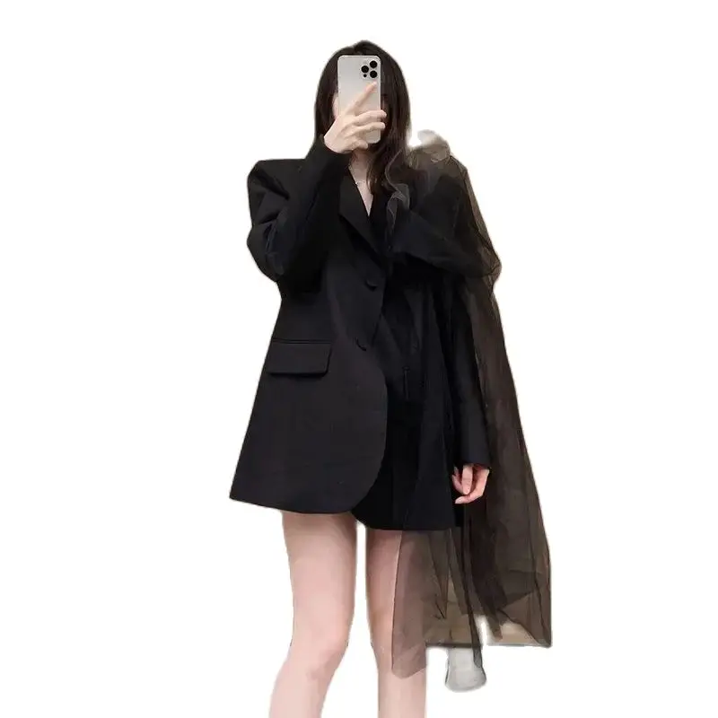 

Spring Autumn Suit Jacket Women 2024 New Fashion Loose Leisure Coat Join Together Gauze Pure Colour Black Single-Breasted Female