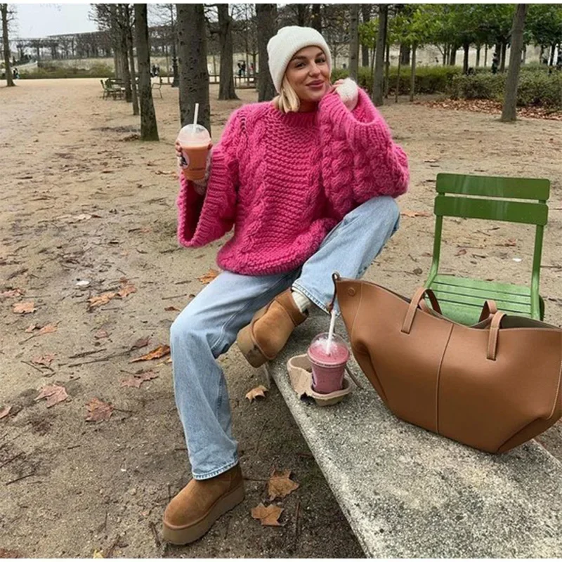 Vêtements d'hiver femmes col roulé à manches longues rose pull Prairie Chic solide Vintage pull surdimensionné pull