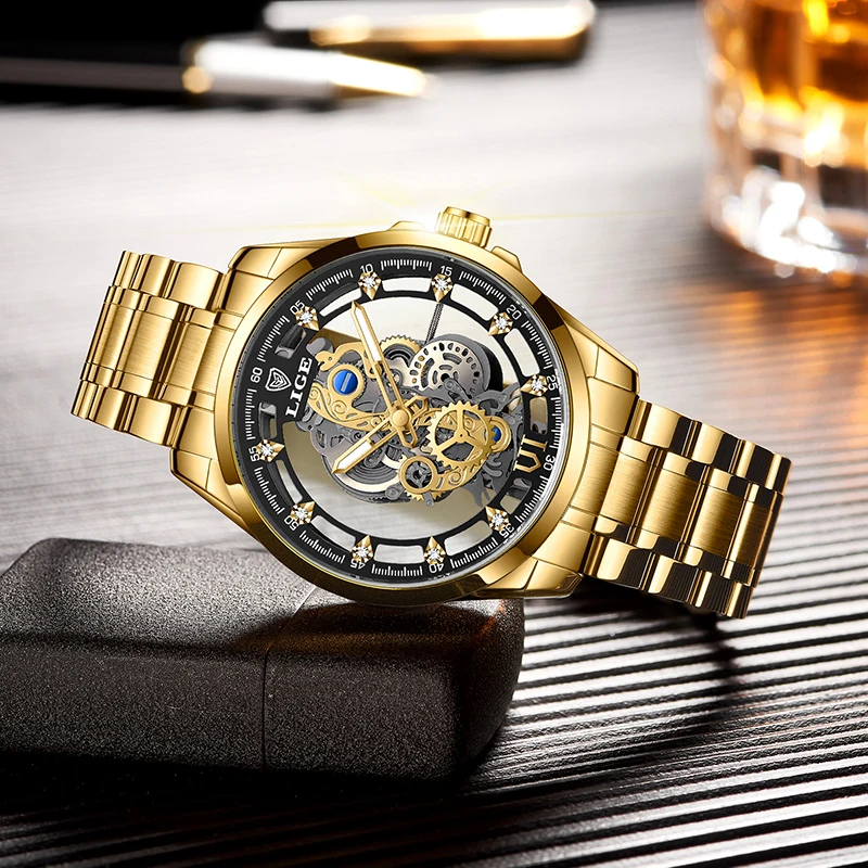 LIGE New Men Watches Skeleton Quartz Wristwatch Gold Skeleton Retro Watch For Man Top Brand Luxury Clock Mens Watch Reloj Hombre