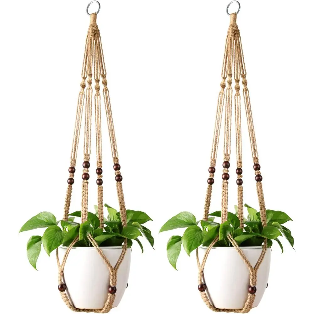 Plant Hanger Indoor Jute Hanging Planter Basket with Wood Beads Decorative Lower Pot Holder No Tassels Indoor Outdoor Boho Home
