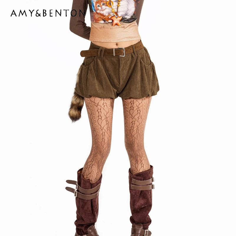 

Autumn Winter New Corduroy Puffy Flower Bud Women's Pants Retro Design Sweet Cool Sexy Hot Girl Slimming Low Waist Shorts Ladies