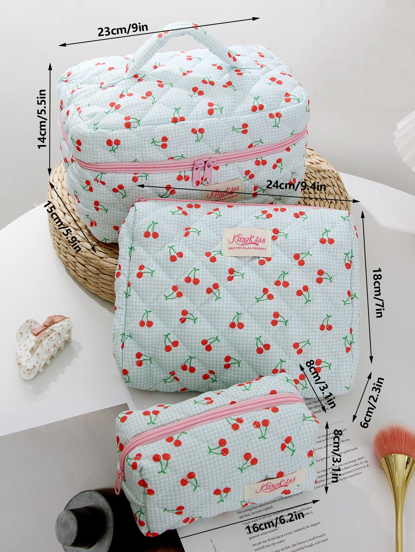 1 unid/set de bolsa de maquillaje acolchada con estampado de cuadros y cereza, bolsa de cosméticos de gran capacidad, conjunto de bolsa de maquillaje, bolsa de maquillaje, organizador de cosméticos