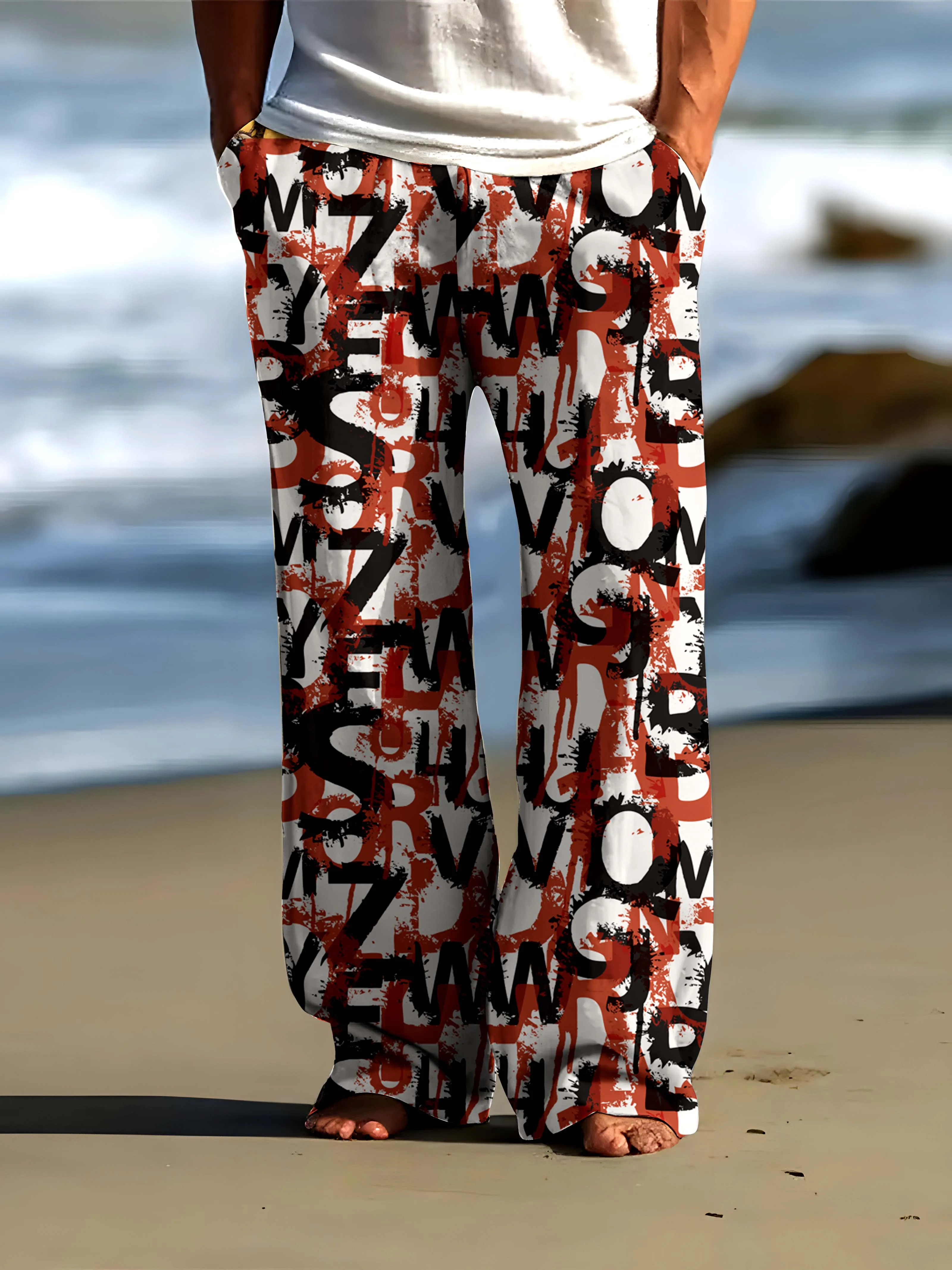 

New 3D full printed irregular letter men's sleeping pants, spring and autumn ice silk quick drying men's home pants