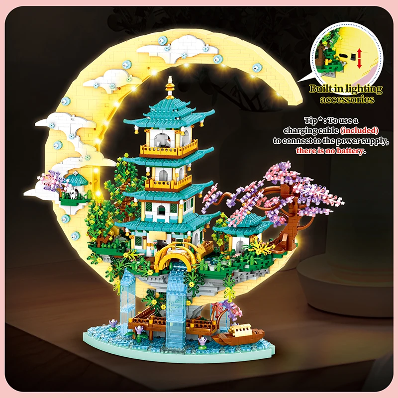 Creative Moon Legend Palace ชุดบล็อกอาคารน้ําตกบ่อปราสาทบ้านต้นไม้ DIY บล็อกอิฐของเล่นสําหรับเด็กผู้ใหญ่ของขวัญ
