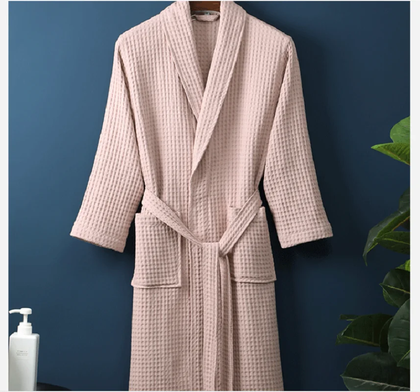 100% Cotton Waffle Bathrobe Women Summer Robe Sleepwear Long Sleeve Brides Bathrobe Kimono Man Casual Home Dressing Gown Pijamas