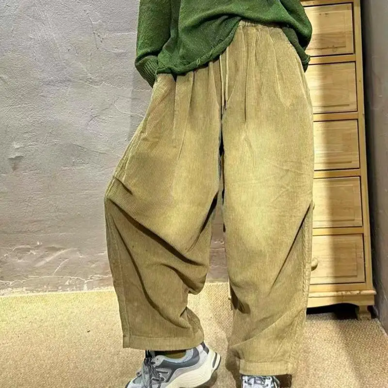 Autumn New Arts Style Women Elastic Waist Loose Casual Ankle-length Pants High Quality Cotton Corduroy Vintage Harem Pants D148