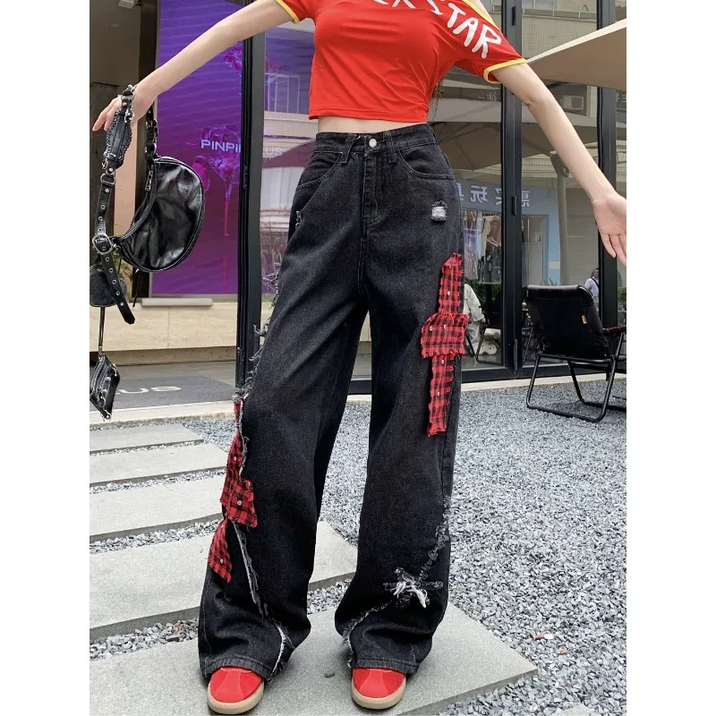 Deeptown Y2k Gothic Vintage Women Jeans Baggy Japanese Style Denim Pants Harajuku Patchwork Embroidery Streetwear Punk Trousers