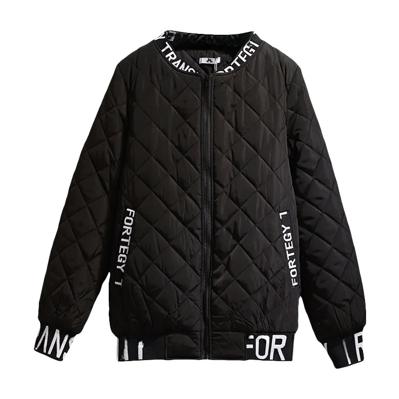 plus Size Women\'s Cotton Jacket Baseball Style Loose Fit Zipper Cardigan Short Outerwear Diamond Pattern Winter Coat