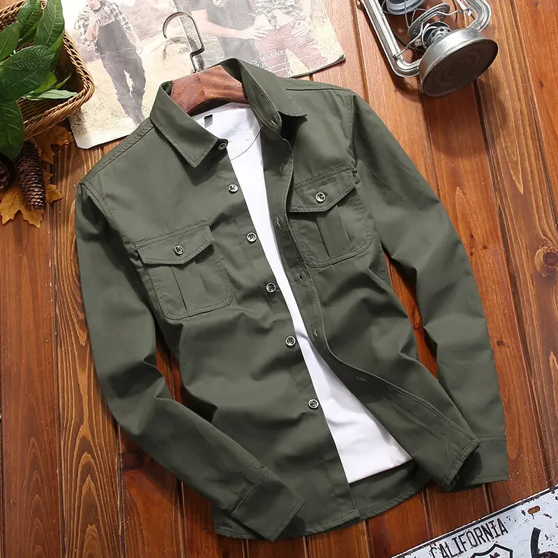 Dress Cargo Shirt Men 2024 Brand New Regular Fit Long Sleeve Button Down Shirt Solid Color Turn-neck Plus Size Work Cargo Shirt