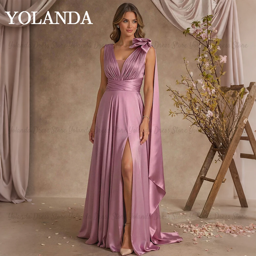 Yolanda Women's Wedding Party Attire A-Line V-Neck Silk Like Satin Evening Gowns With Split Front_Bow Guest Dress Customized New