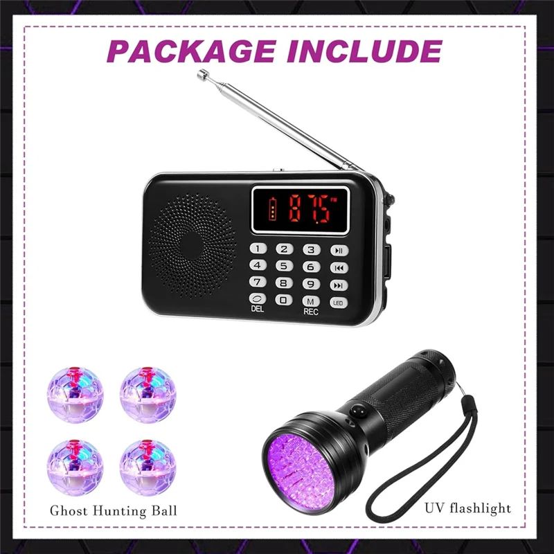 

ABAC-6-Piece Equipment Kit For Paranormal Research–1 FM Radio, 4 Lighted Cat Balls (Includes Battery), 1 UV Flashlight In Black