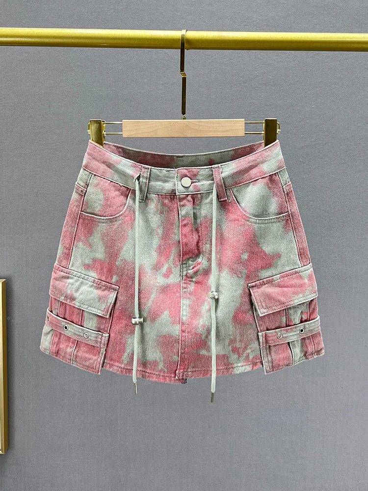 

Юбка А-силуэта с высокой талией, женская джинсовая юбка, лето 2024, новая модель, стройнящая, свободного кроя, из смесовой ткани хлопок-полиэстер, не просвечивает