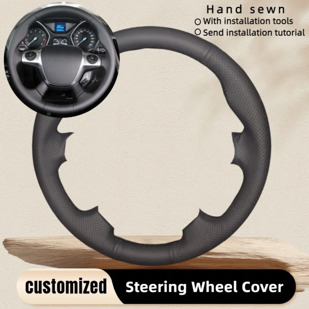 Custom Car Steering Wheel Braid Cover Hand Sewn Leather For Ford Focus 3 2012 C-MAX 2011 KUGA Escape 2013-2016 Car Accessories
