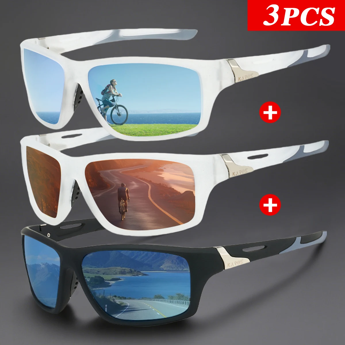 3Pcs/Set Karos Polarized Sunglasses UV400 Protection Anti-Glare Glasses Men Driving Outdoor Hiking Cycling Fishing Sport Eyewear