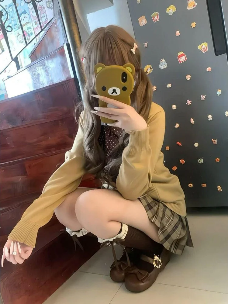 

Вязаный кардиган карамельного цвета Long Sve 2025 id Комплект с юбкой College Sle Soft Girl Осень Зима JK orm Original De...