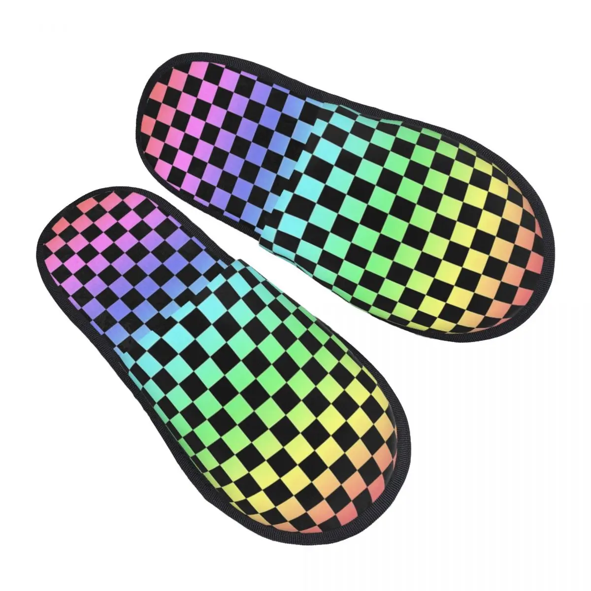 Black And Rainbow Squares Pattern Checkered Flag House Slippers Women Cozy Memory Foam Slip On Bedroom Slipper Shoes