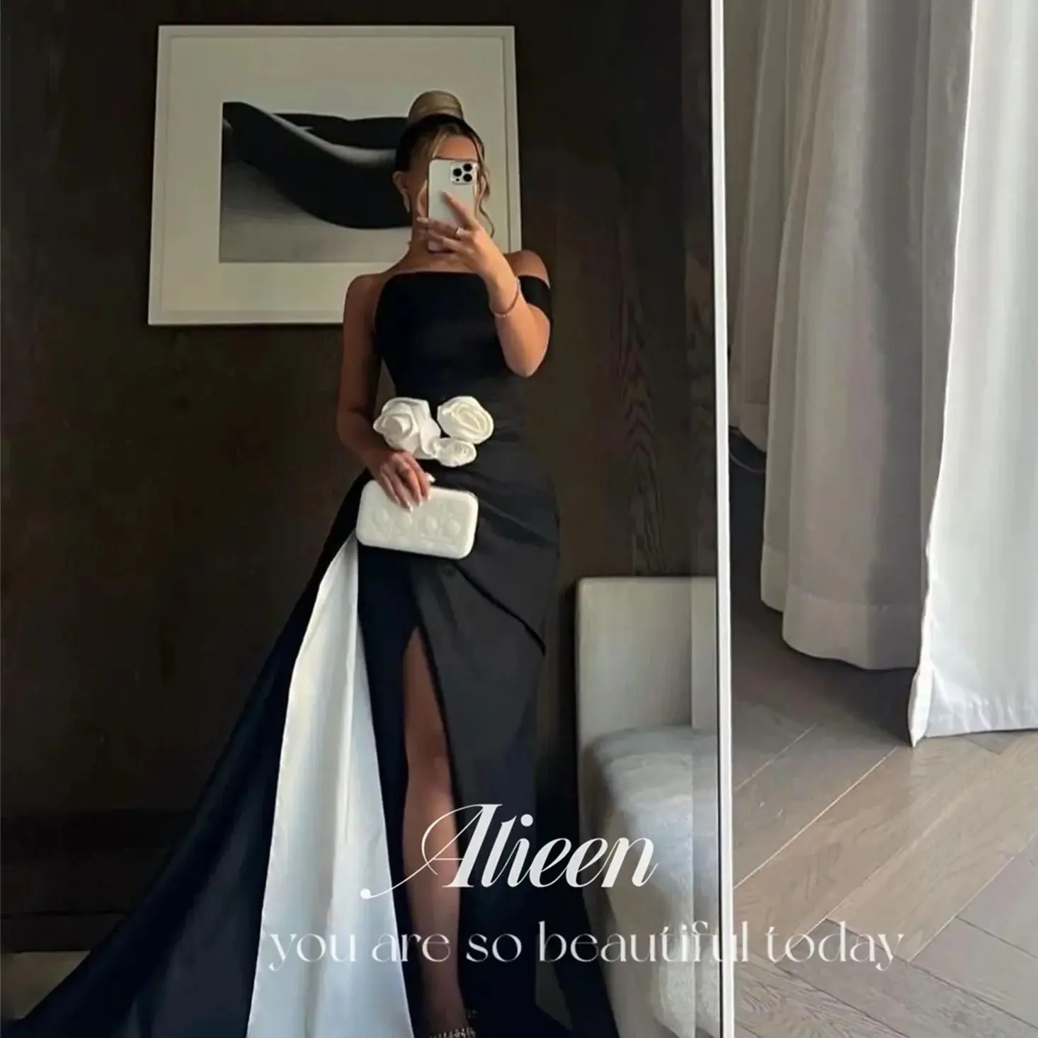 Satin Black 3D Flowers Off the Shoulders Elegant Long Woman Party Dresses for Special Occasions Evening Gala Prom Customized