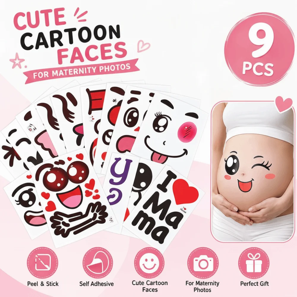 9PCS/Set Self Adhesive Pregnancy Belly Stickers Peel and Stick Cartoon Face Pattern Maternity Belly Stickers Cute Expressions
