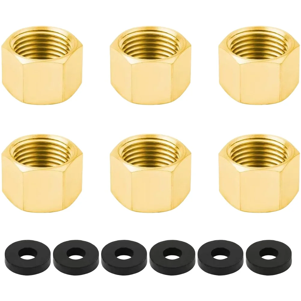 Brass Hexagonal Pipe Cap Set 6 Pieces Threaded Fittings for Garden Hose and Valves Compatible with 1 2 3 8 3 4 Inch