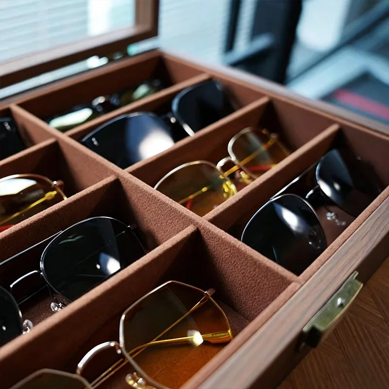 6/8 Grids Wooden Glasses Organizer Sunglasses Display Stand with Transparent Dust Cover Watch Jewelry Display Box - view 3